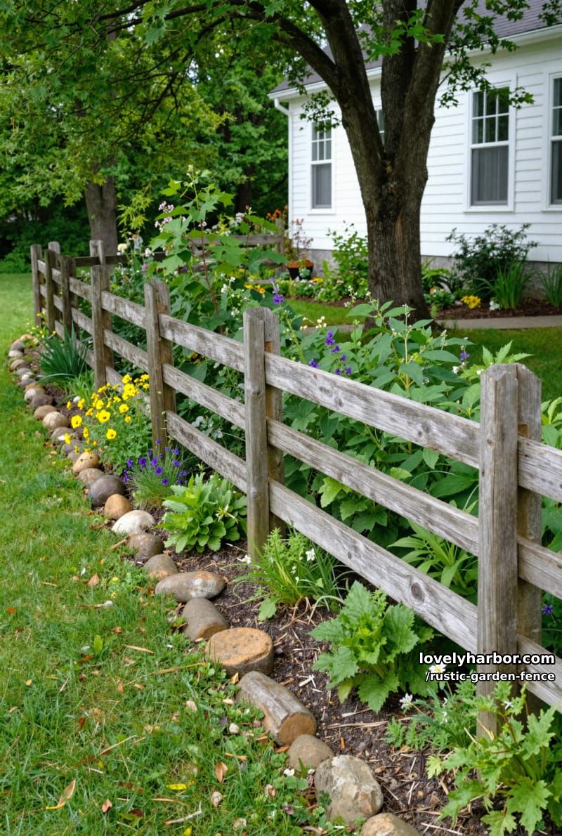 split-rail wooden fence with flowers, stones, and lush green lawn. 1
