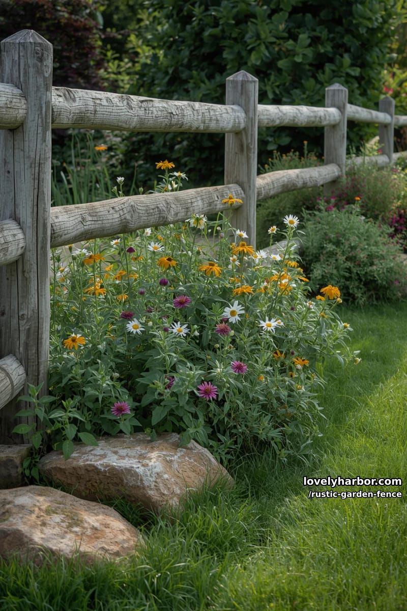 split-rail wooden fence with flowers, stones, and lush green lawn. 1