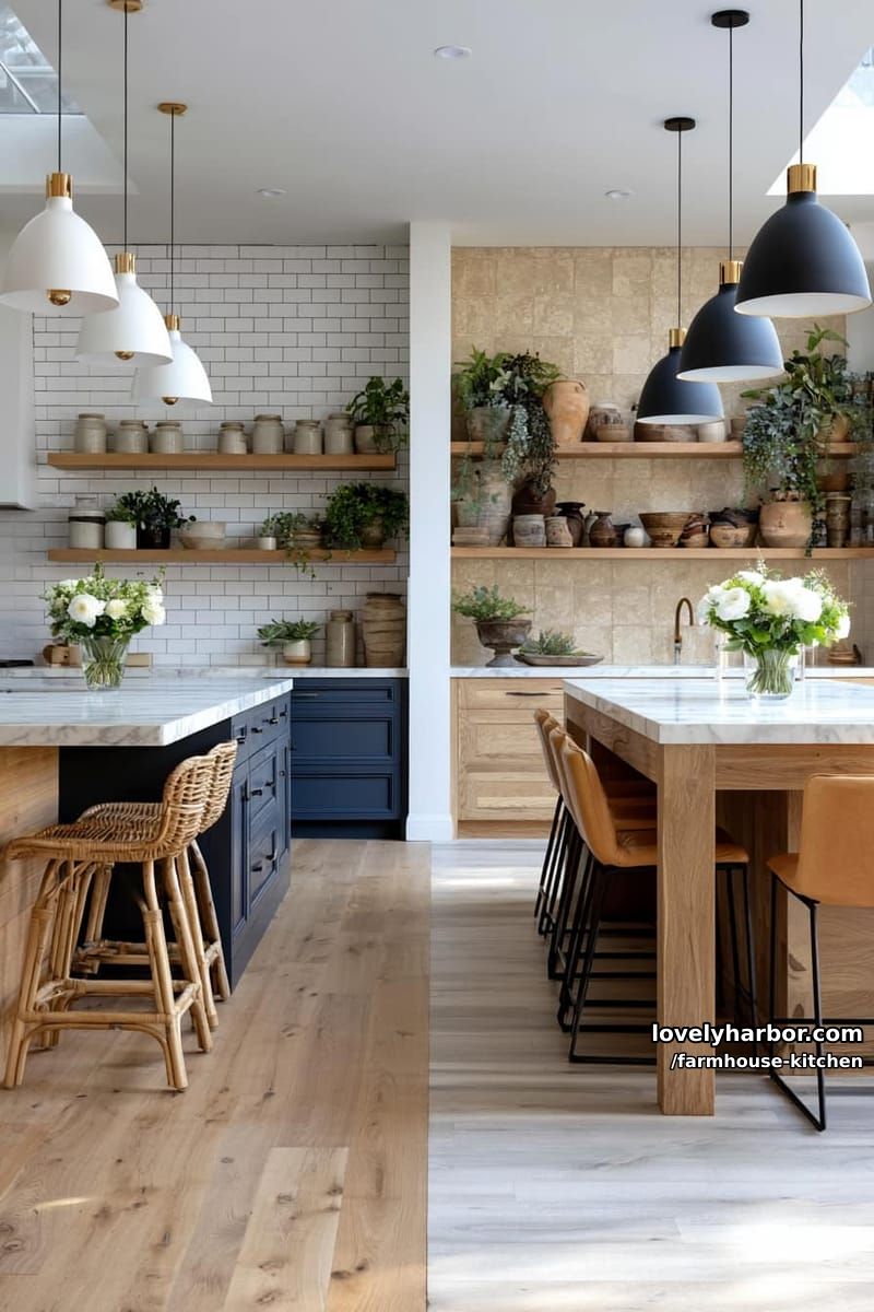 split-style kitchen with blue and wood islands, pendant lights, and open shelves. 1