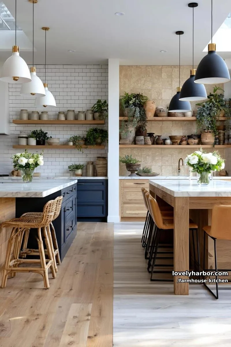 44 Trendy Farmhouse Kitchen Ideas to Inspire Your Next Remodel 27 split-style kitchen with blue and wood islands, pendant lights, and open shelves. 1