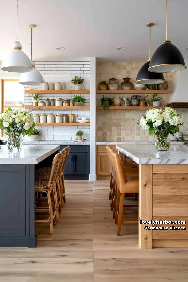 44 Trendy Farmhouse Kitchen Ideas to Inspire Your Next Remodel 28 split-style kitchen with blue and wood islands, pendant lights, and open shelves. 1
