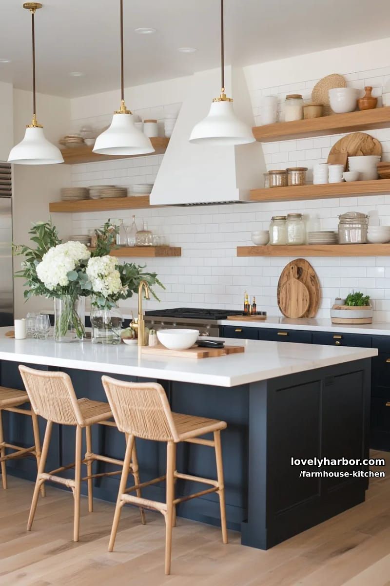 split-style kitchen with blue and wood islands, pendant lights, and open shelves. 1