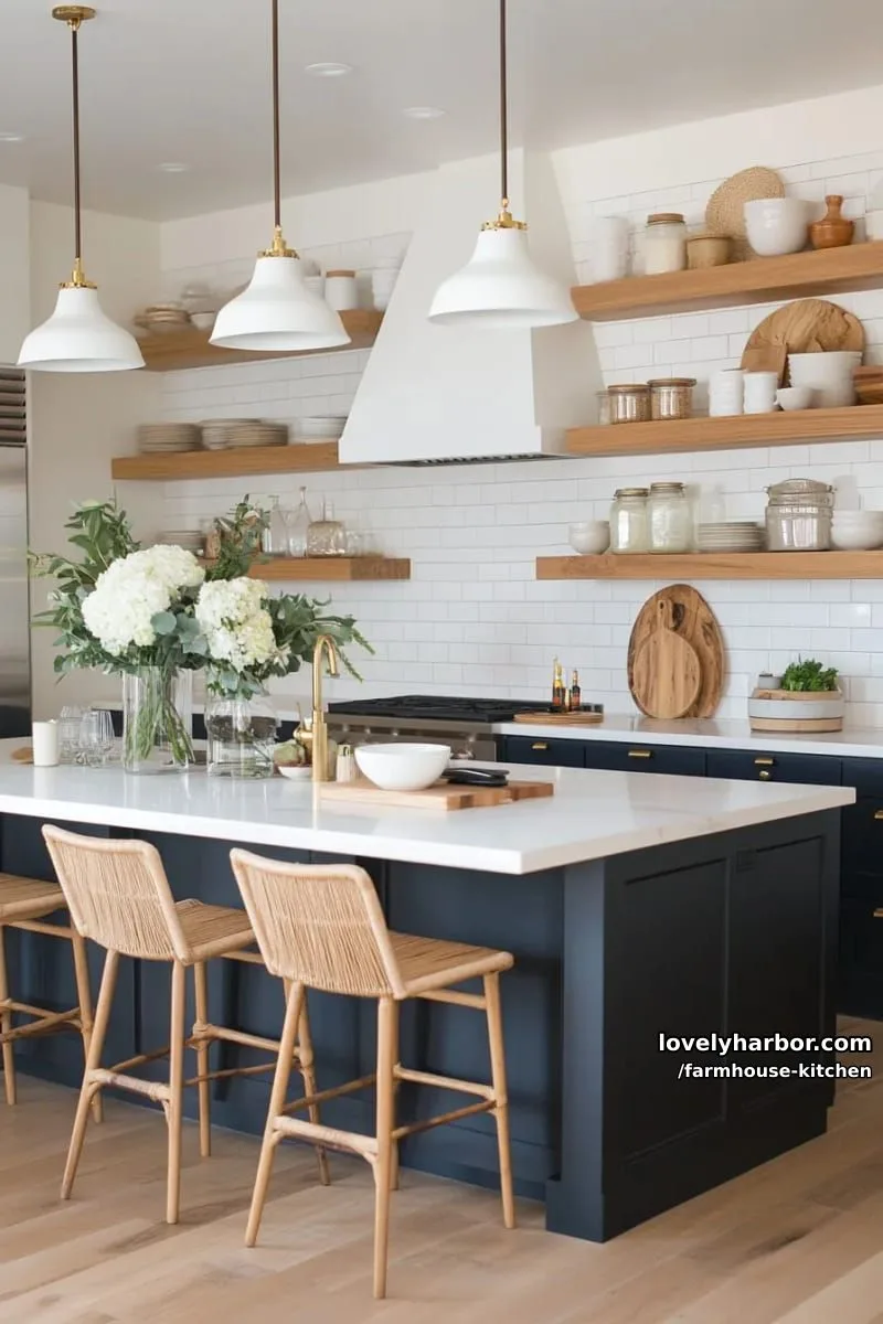 44 Trendy Farmhouse Kitchen Ideas to Inspire Your Next Remodel 29 split-style kitchen with blue and wood islands, pendant lights, and open shelves. 1