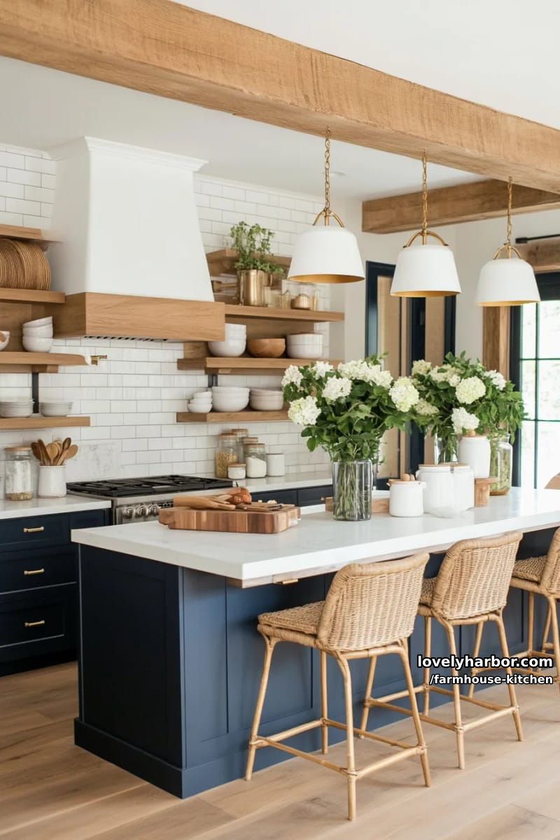 split-style kitchen with blue and wood islands, pendant lights, and open shelves. 1
