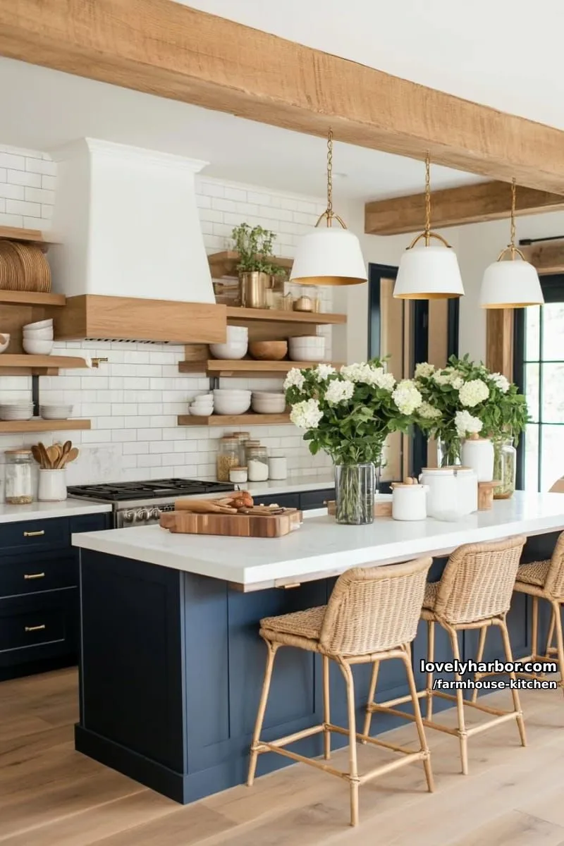 44 Trendy Farmhouse Kitchen Ideas to Inspire Your Next Remodel 30 split-style kitchen with blue and wood islands, pendant lights, and open shelves. 1