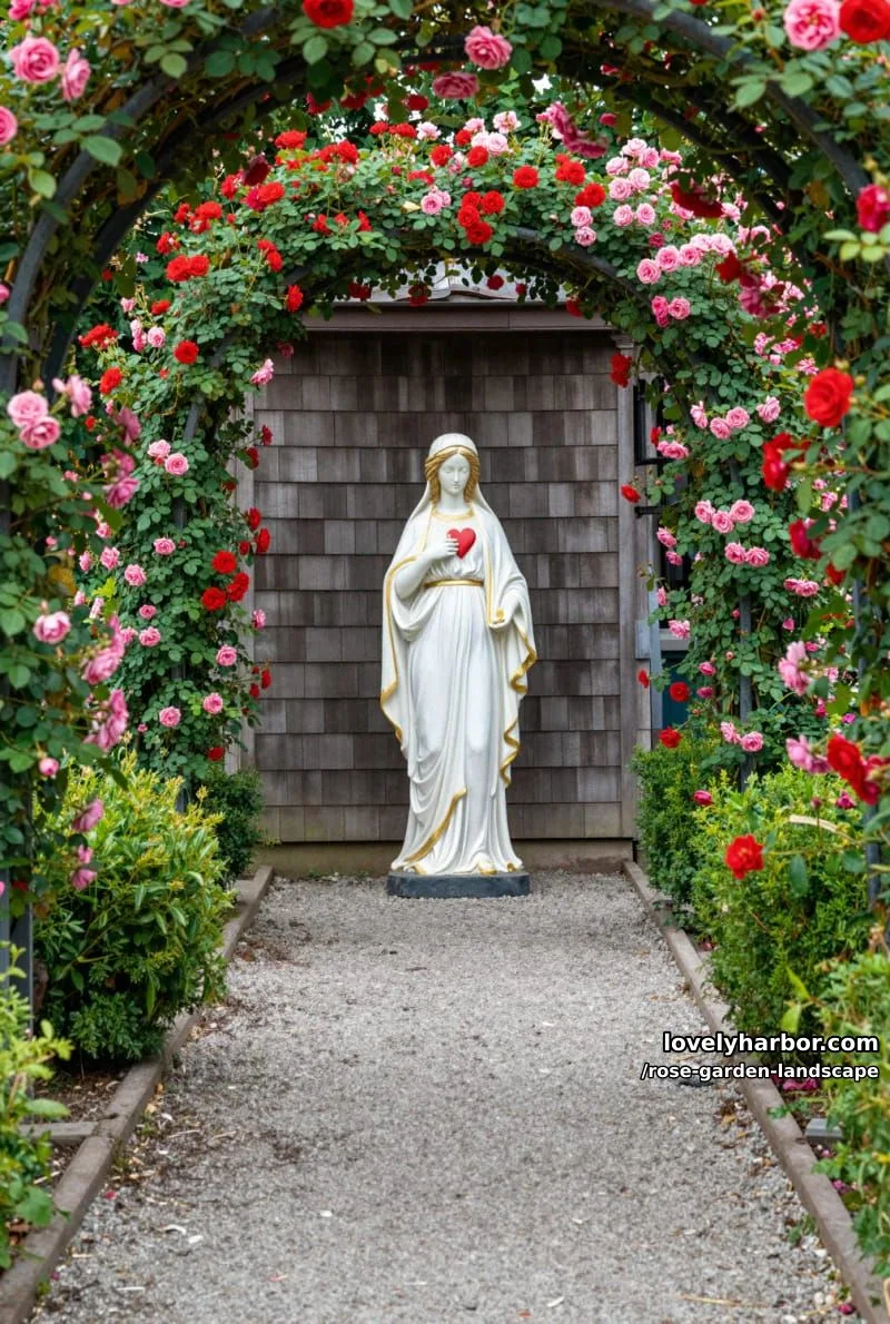 statue on gravel path with archway of red and pink roses. 1