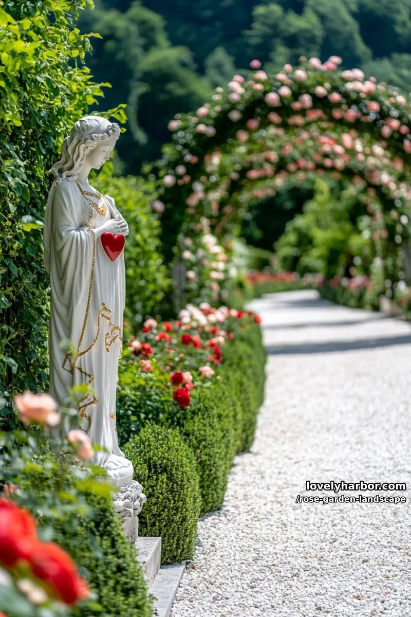 statue on gravel path with archway of red and pink roses. 1