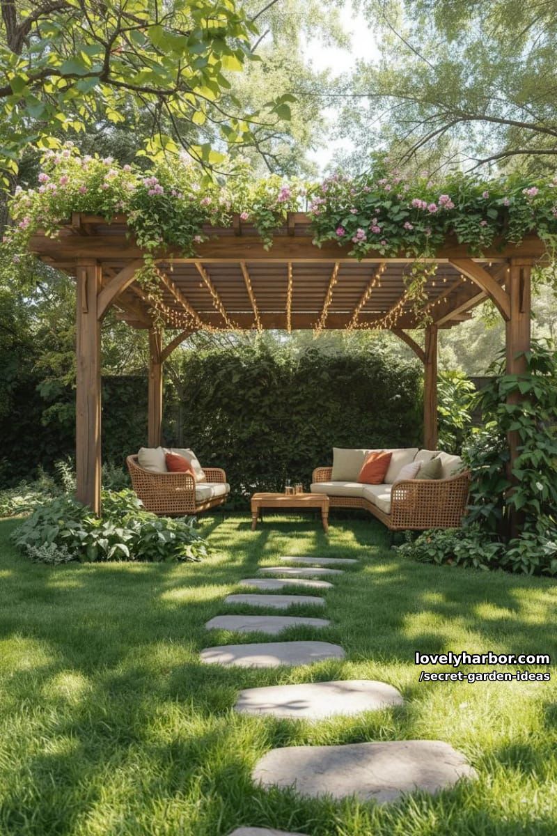 stepping stone path, pergola with fairy lights, and cozy outdoor seating. 1