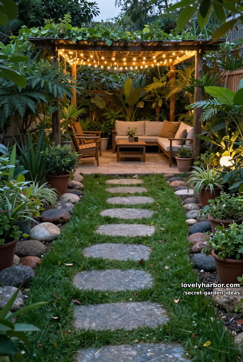 stepping stone path, pergola with fairy lights, and cozy outdoor seating. 1