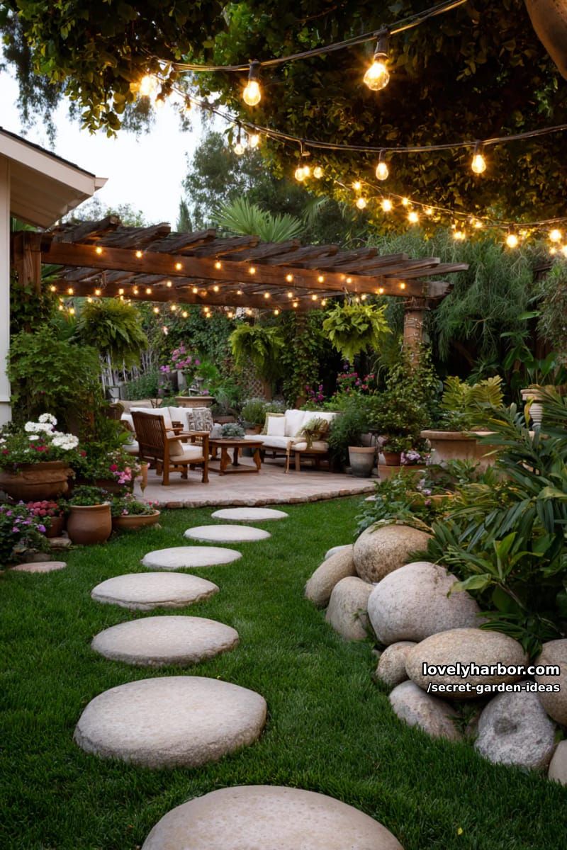 stepping stone path, pergola with fairy lights, and cozy outdoor seating. 1