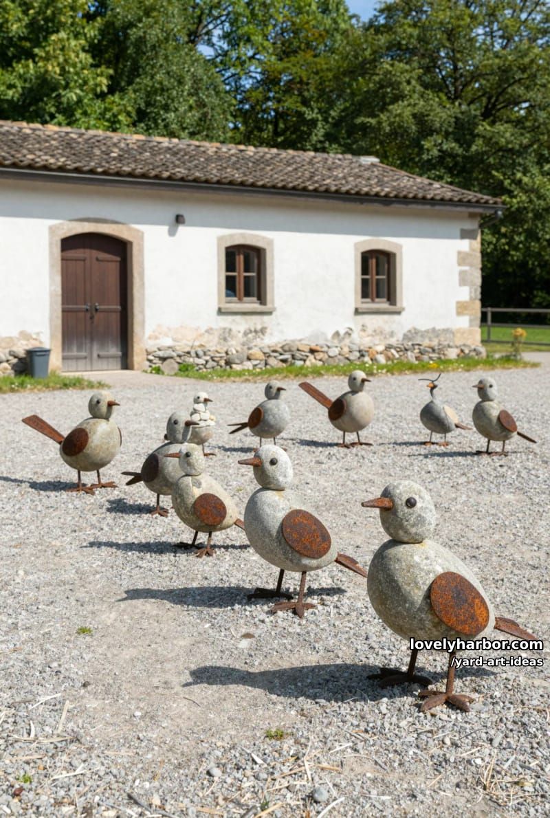 stone and metal whimsical bird sculptures arranged on a gravel path. 1