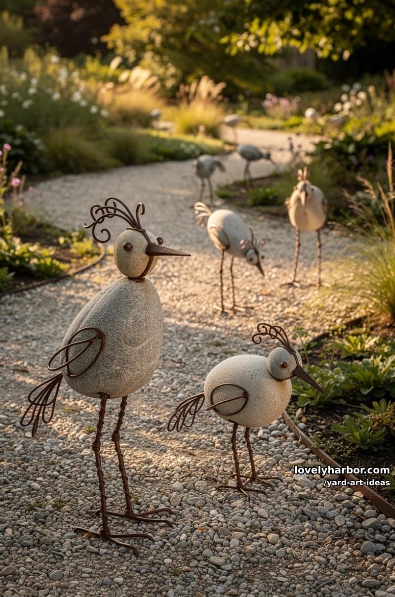 stone and metal whimsical bird sculptures arranged on a gravel path. 1