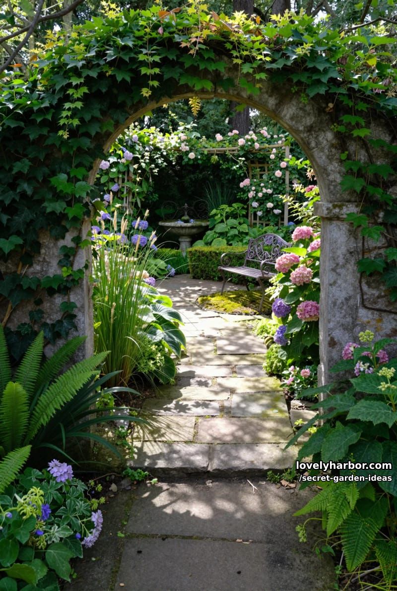 stone archway with ivy, hidden pathway, and tranquil secret garden retreat. 1