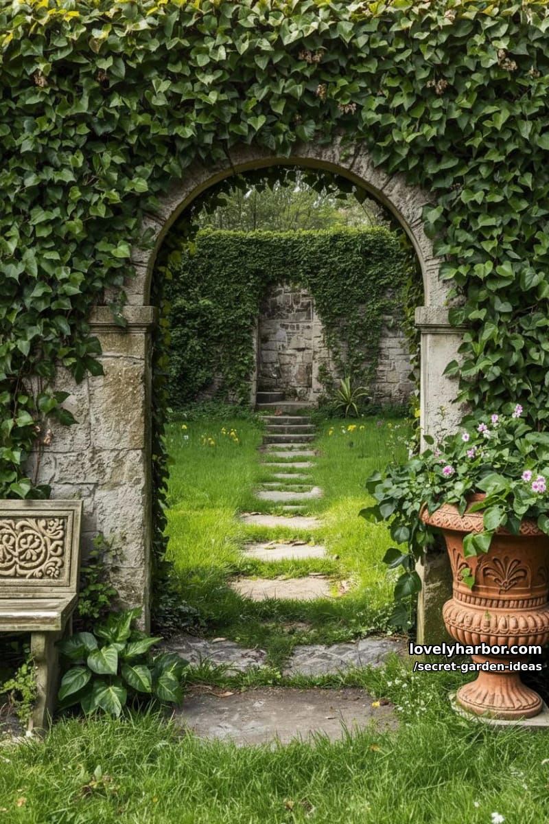 stone archway with ivy, hidden pathway, and tranquil secret garden retreat. 1
