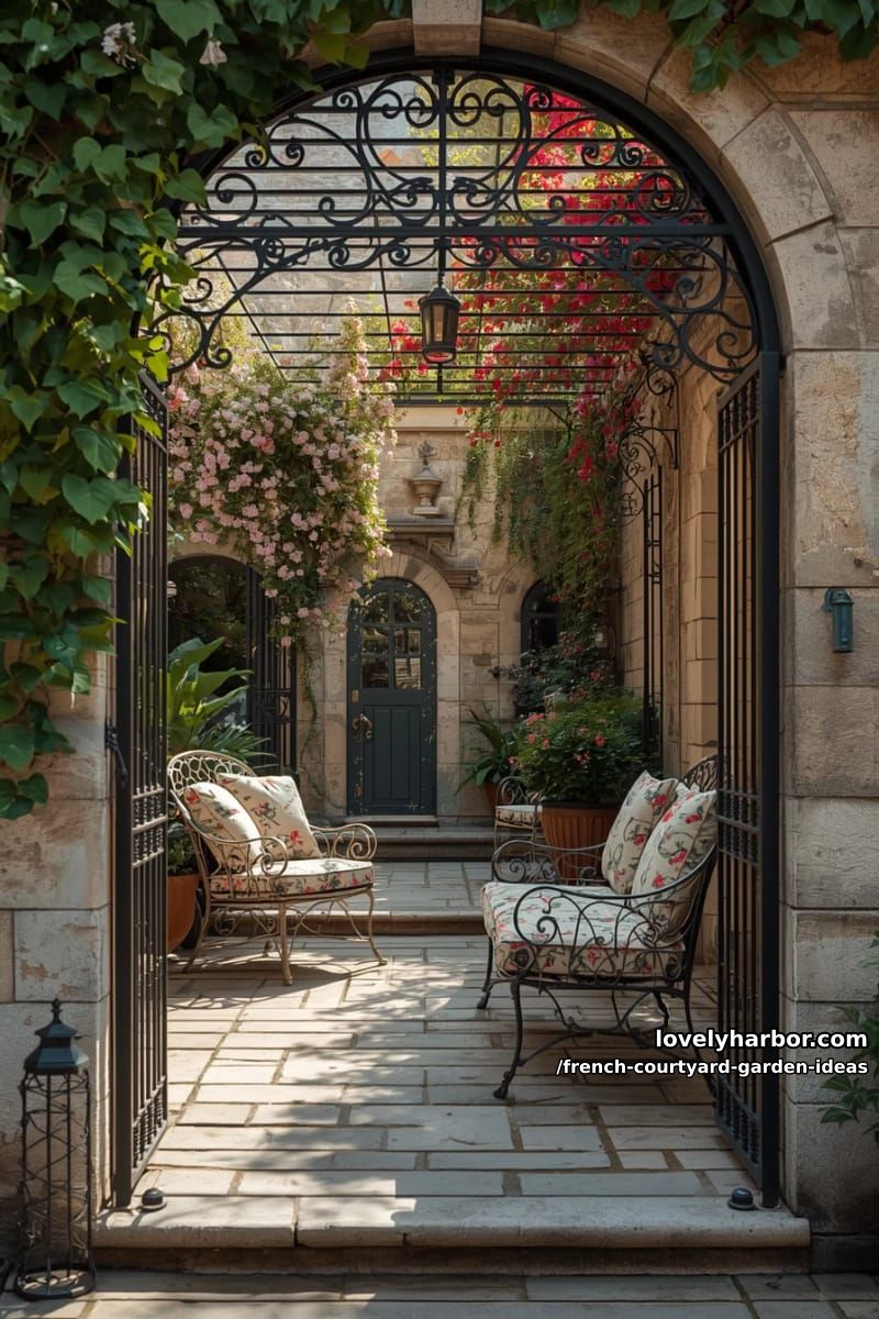 stone courtyard viewed through wrought iron gate, ivy, flowers, and vintage furniture. 1