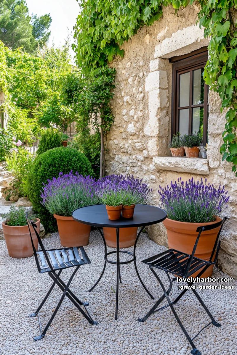 stone courtyard with lavender pots, metal bistro set, and rustic wall. 1