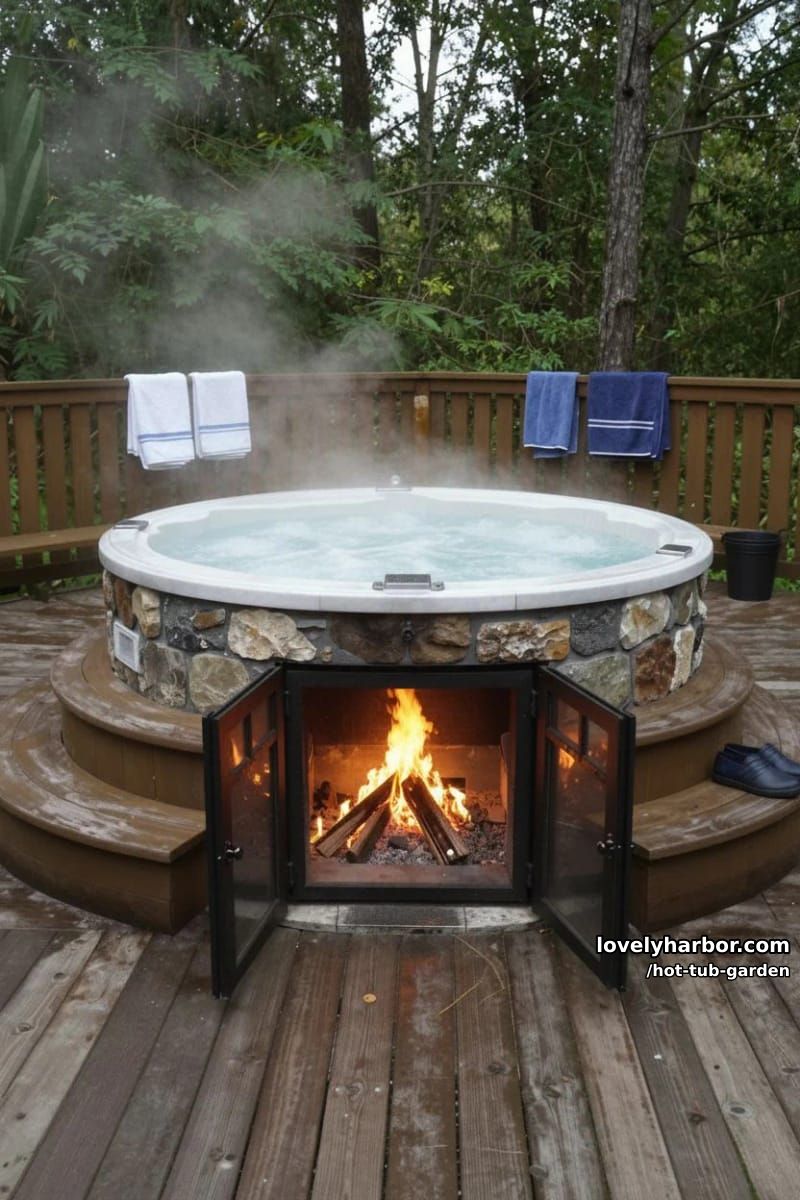 stone hot tub with fire underneath, surrounded by wooden stairs in forest. 1