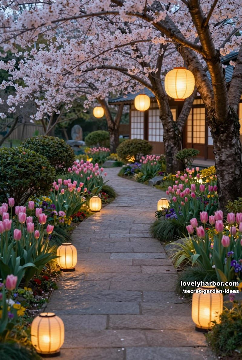 stone path, cherry blossom canopy, lanterns, and east asian-inspired garden. 1