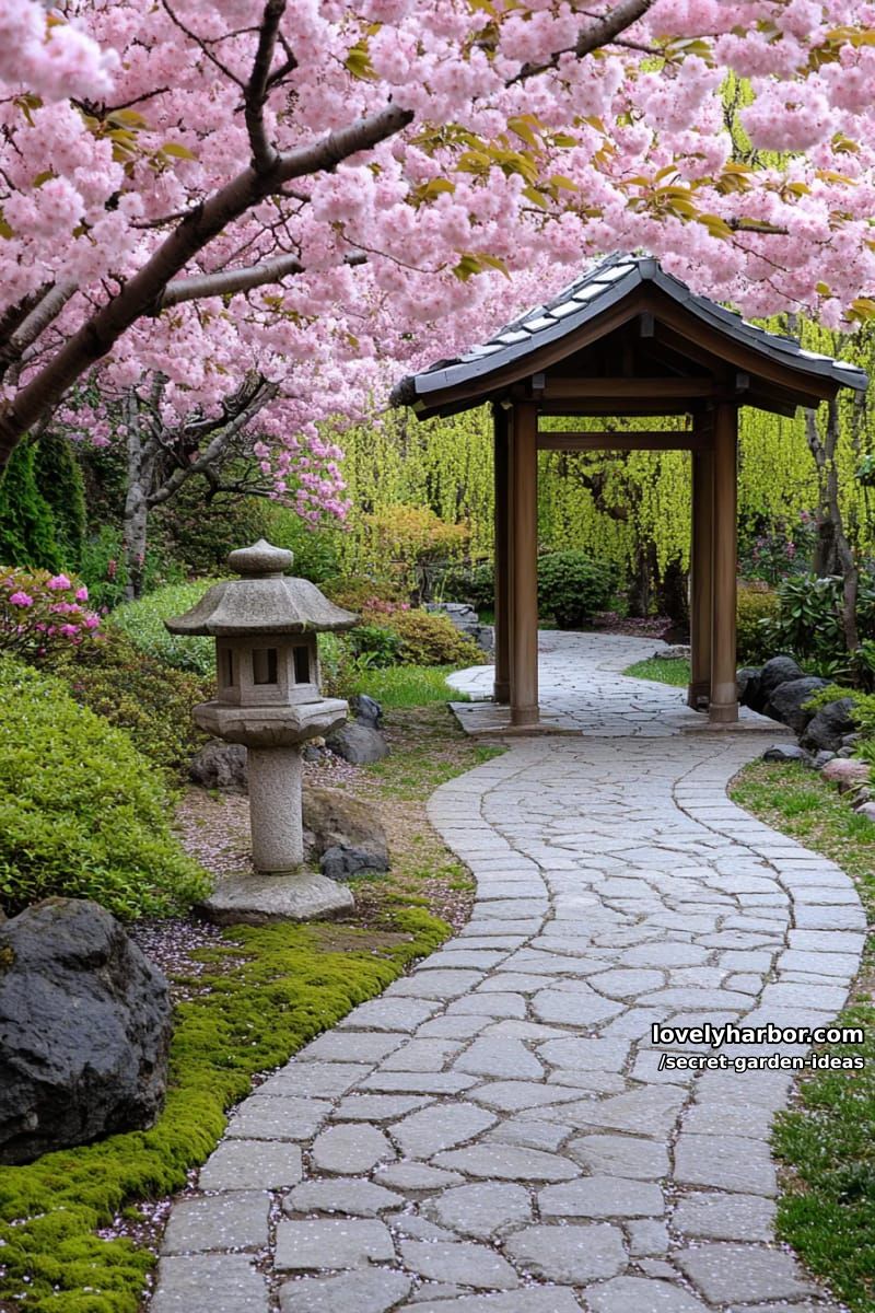stone path, cherry blossom canopy, lanterns, and east asian-inspired garden. 1