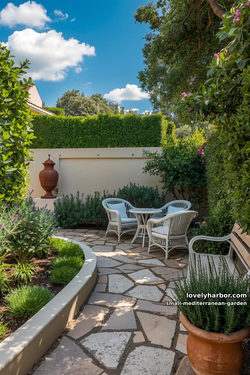 stone path, stucco walls, terracotta urn, white wicker seating, hedges. 1
