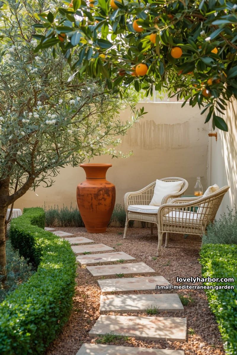 stone path, stucco walls, terracotta urn, white wicker seating, hedges. 1