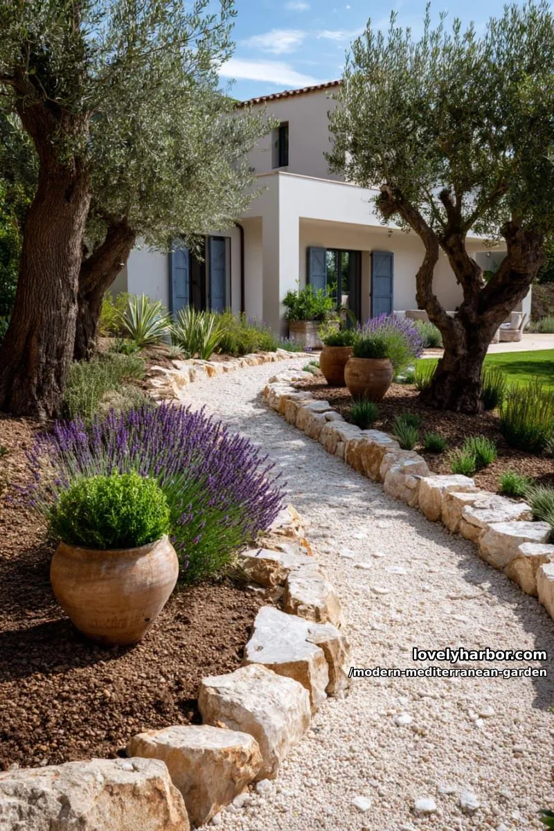 stone pathway through olive trees, lavender, terracotta pots, white house, blue shutters. 1