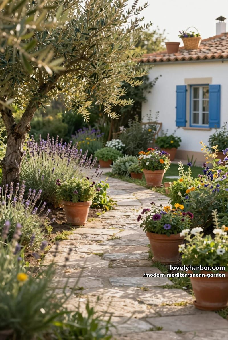 stone pathway through olive trees, lavender, terracotta pots, white house, blue shutters. 1