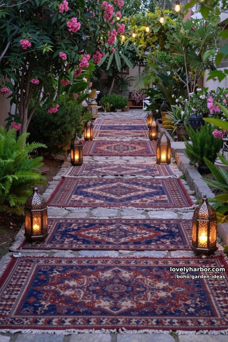 stone pathway with bohemian rugs, lanterns, and string lights in garden. 1