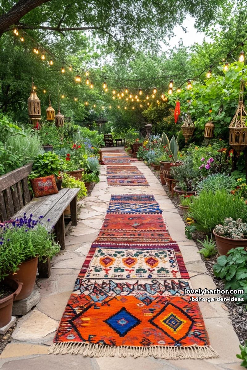 stone pathway with bohemian rugs, lanterns, and string lights in garden. 1