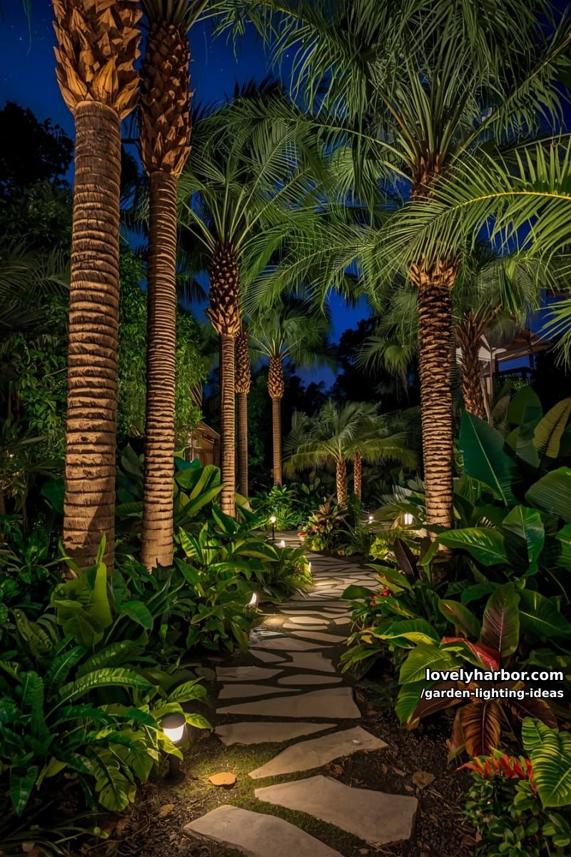 stone pathway with ground lights highlighting palm trees, tropical garden vibe. 34