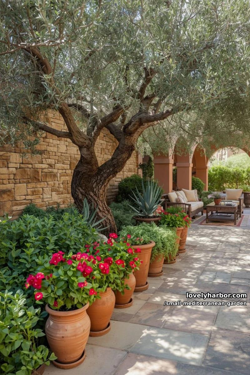 stone patio, mature olive tree, terracotta pots, agave, wooden seating. 1