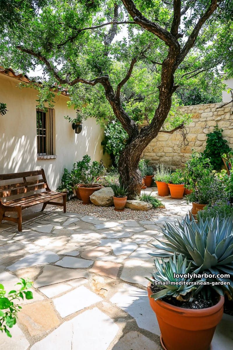 stone patio, mature olive tree, terracotta pots, agave, wooden seating. 1