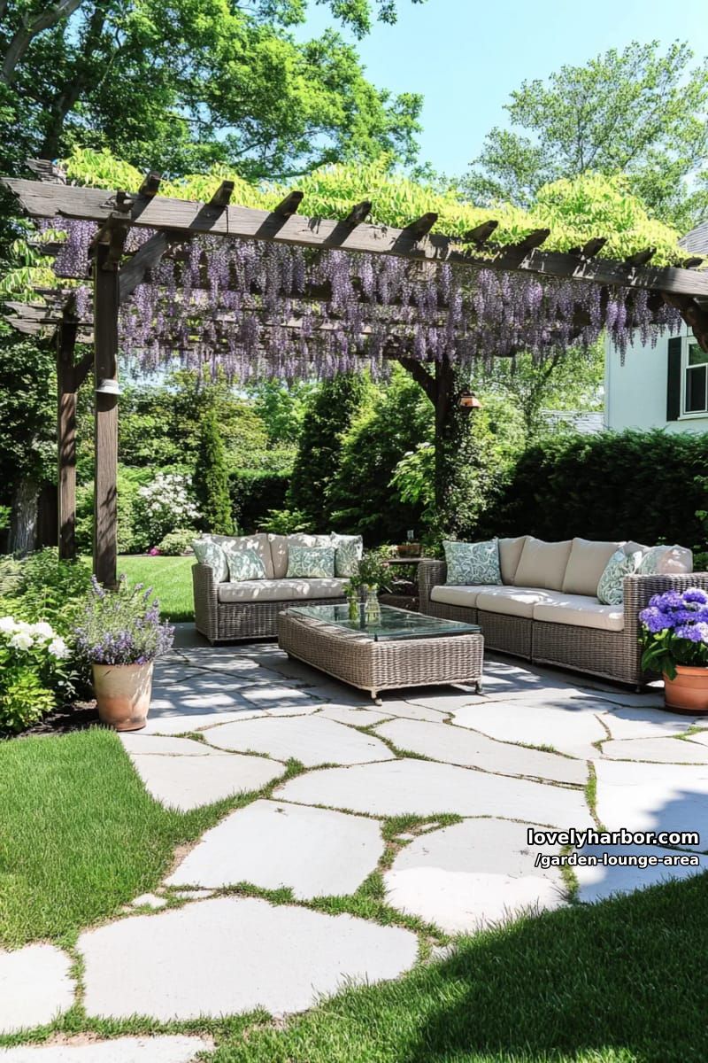 stone patio with pergola, cascading wisteria, and wicker sofas 1