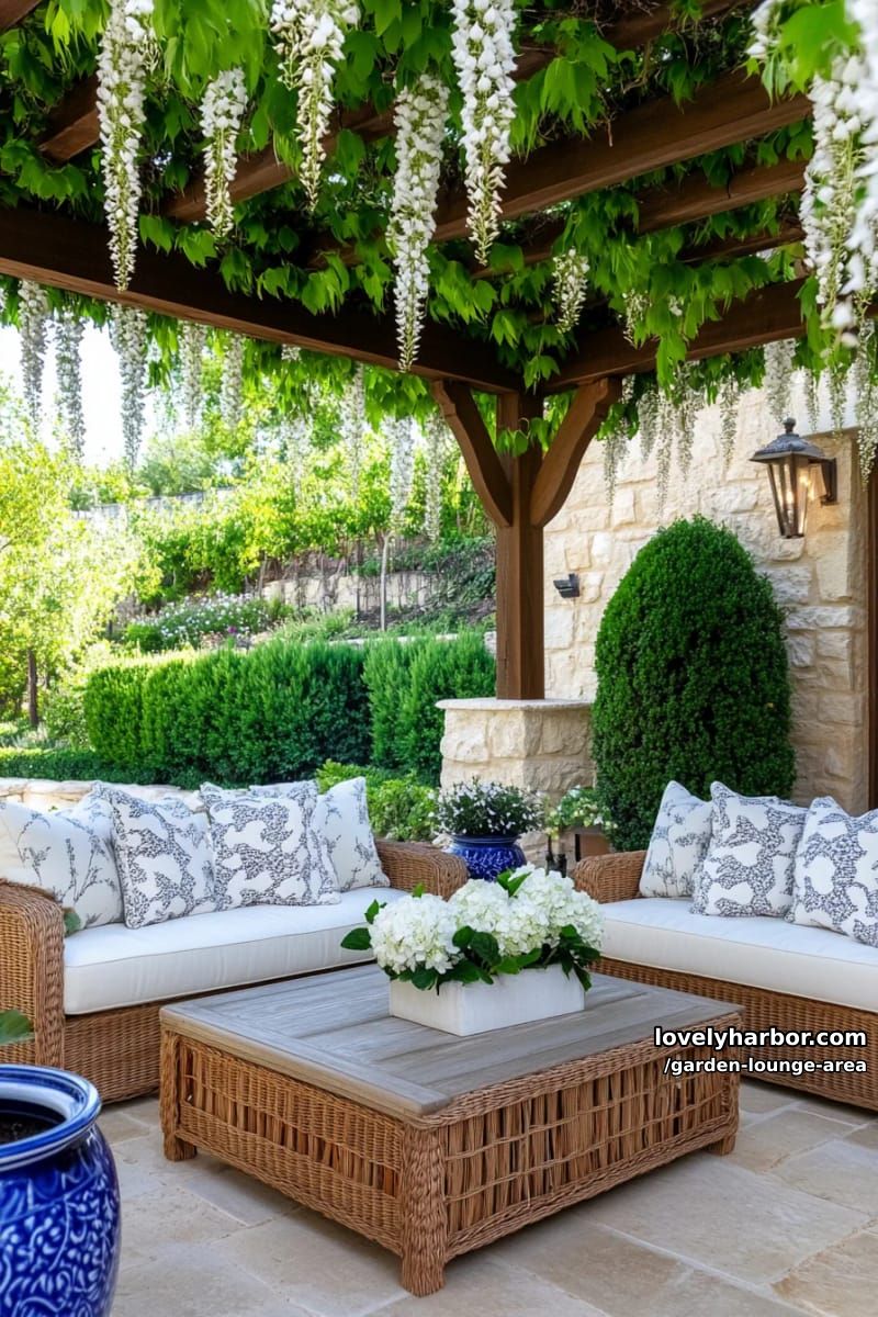stone patio with pergola, cascading wisteria, and wicker sofas 1
