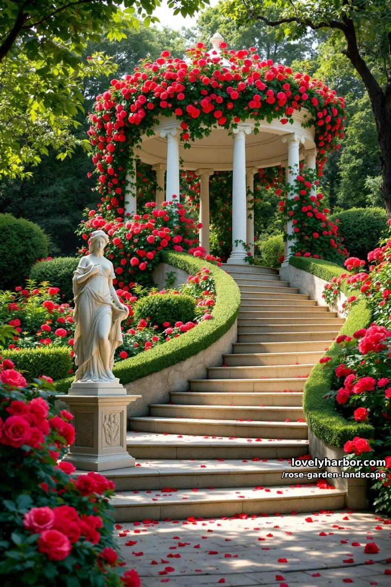 stone staircase to gazebo covered in climbing red roses and marble statue. 1
