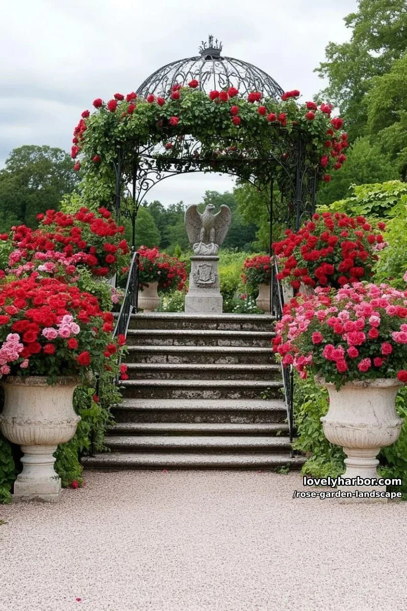 stone staircase to gazebo covered in climbing red roses and marble statue. 1