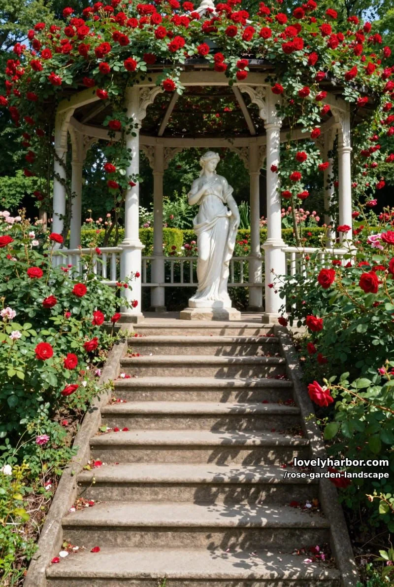 stone staircase to gazebo covered in climbing red roses and marble statue. 1