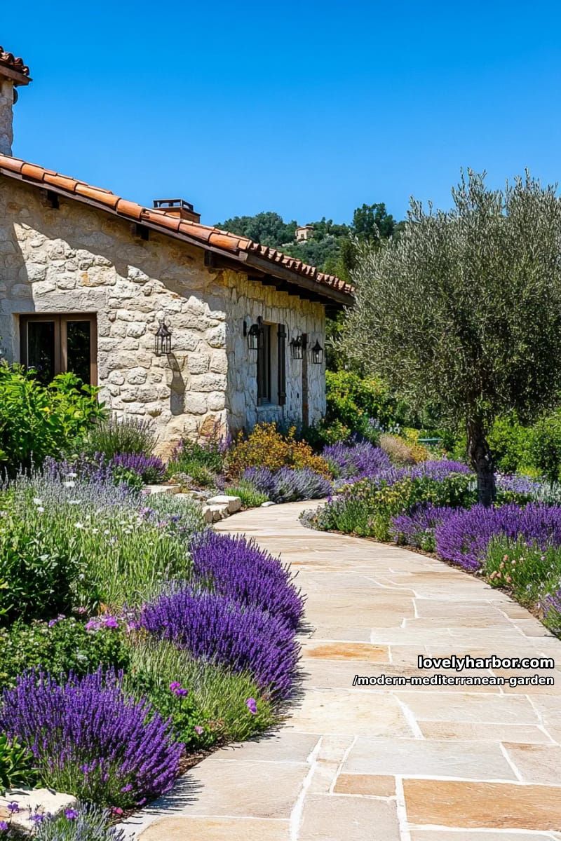 stone-tiled pathway curving alongside lush lavender, sage, and olive tree garden. 1