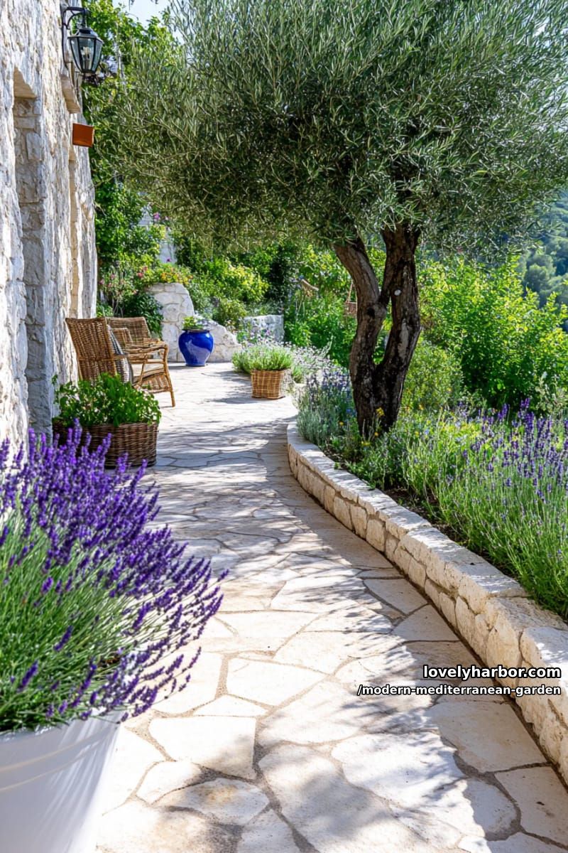 stone-tiled pathway curving alongside lush lavender, sage, and olive tree garden. 1