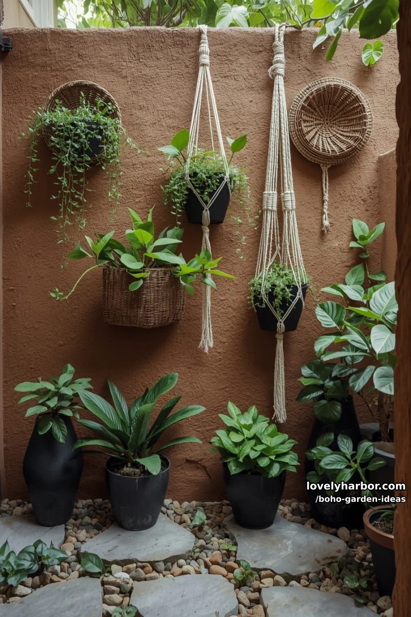 stucco wall with wicker basket planters, macramé hangers, and lush ground plants. 1