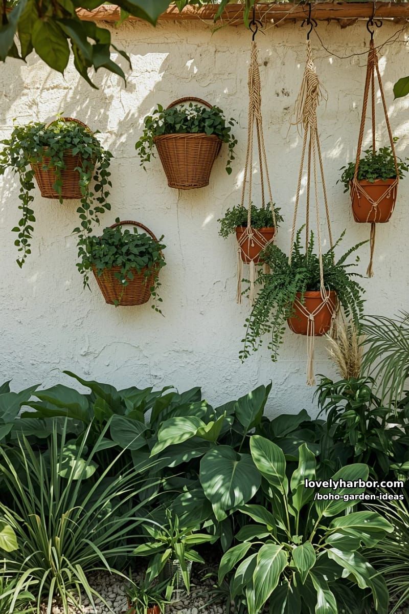 stucco wall with wicker basket planters, macramé hangers, and lush ground plants. 1