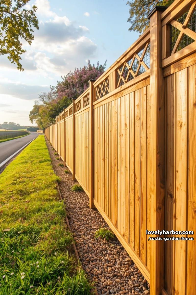 sturdy wooden fence with wire mesh beside landscaped garden path. 1