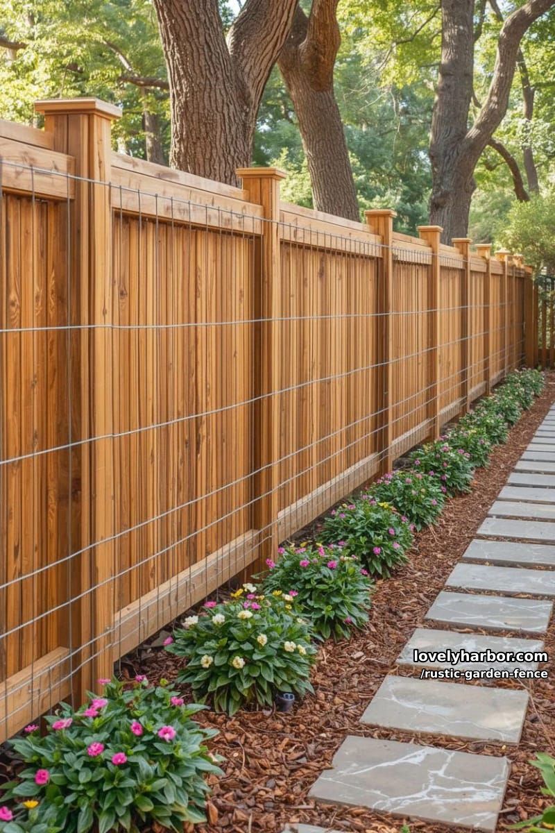 sturdy wooden fence with wire mesh beside landscaped garden path. 1