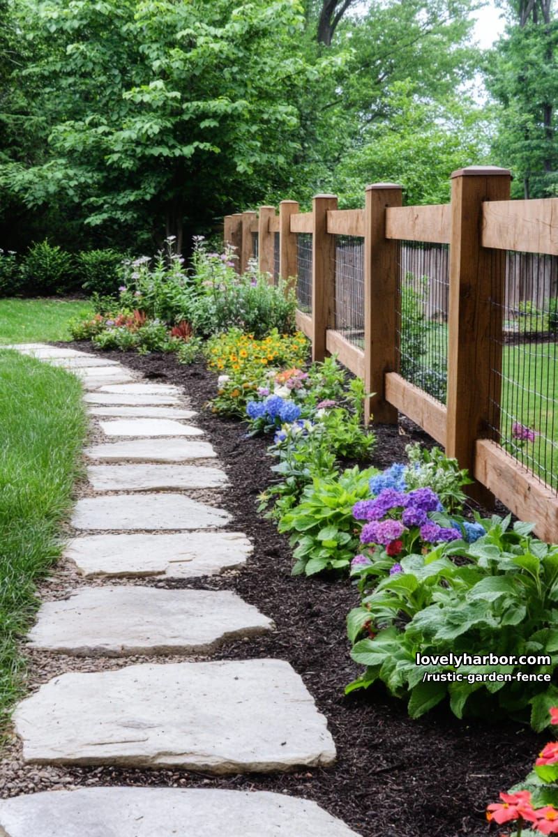 sturdy wooden fence with wire mesh beside landscaped garden path. 1