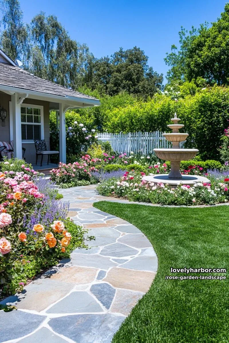 suburban front yard with stone path, vibrant rose bushes, and a fountain. 1