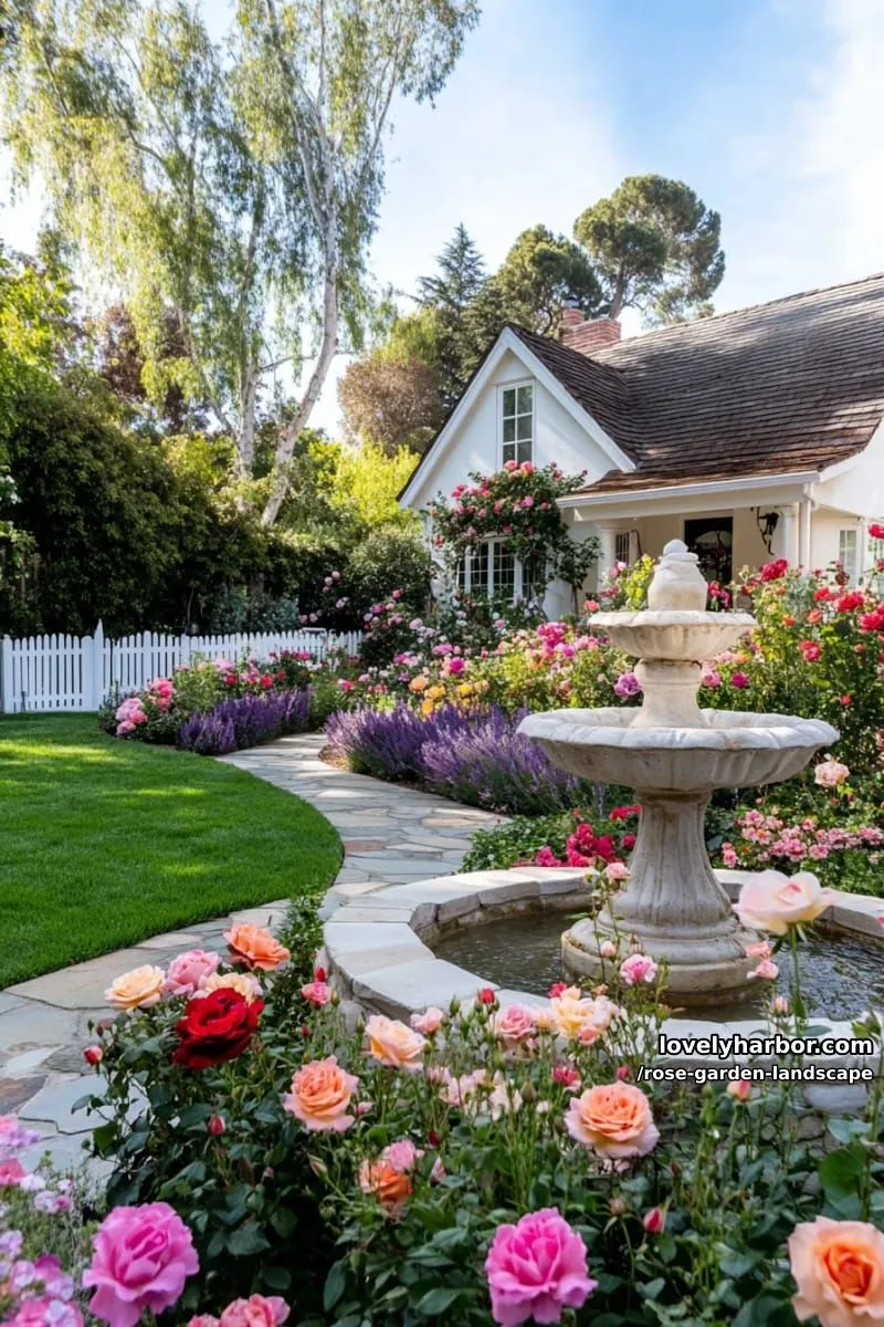 suburban front yard with stone path, vibrant rose bushes, and a fountain. 1