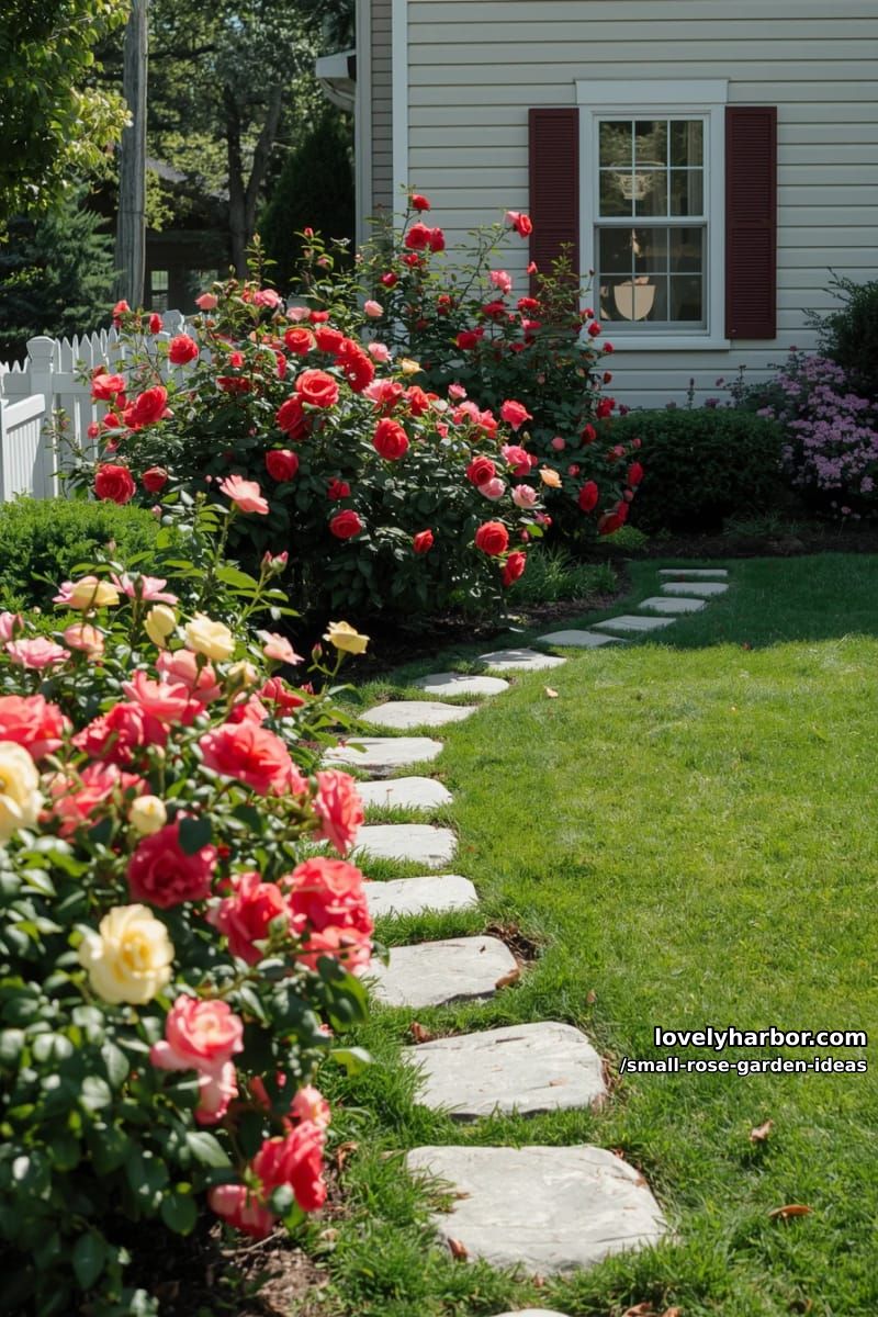 suburban front yard with vibrant rose bushes lining a stone pathway. 1