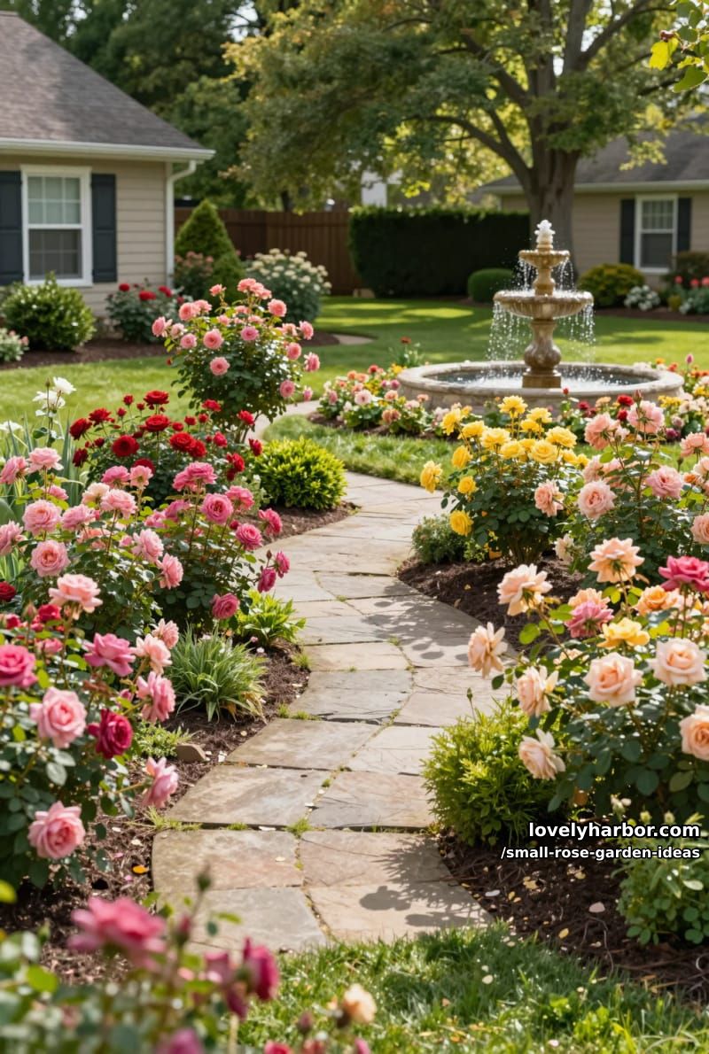 suburban front yard with vibrant rose bushes lining a stone pathway. 1