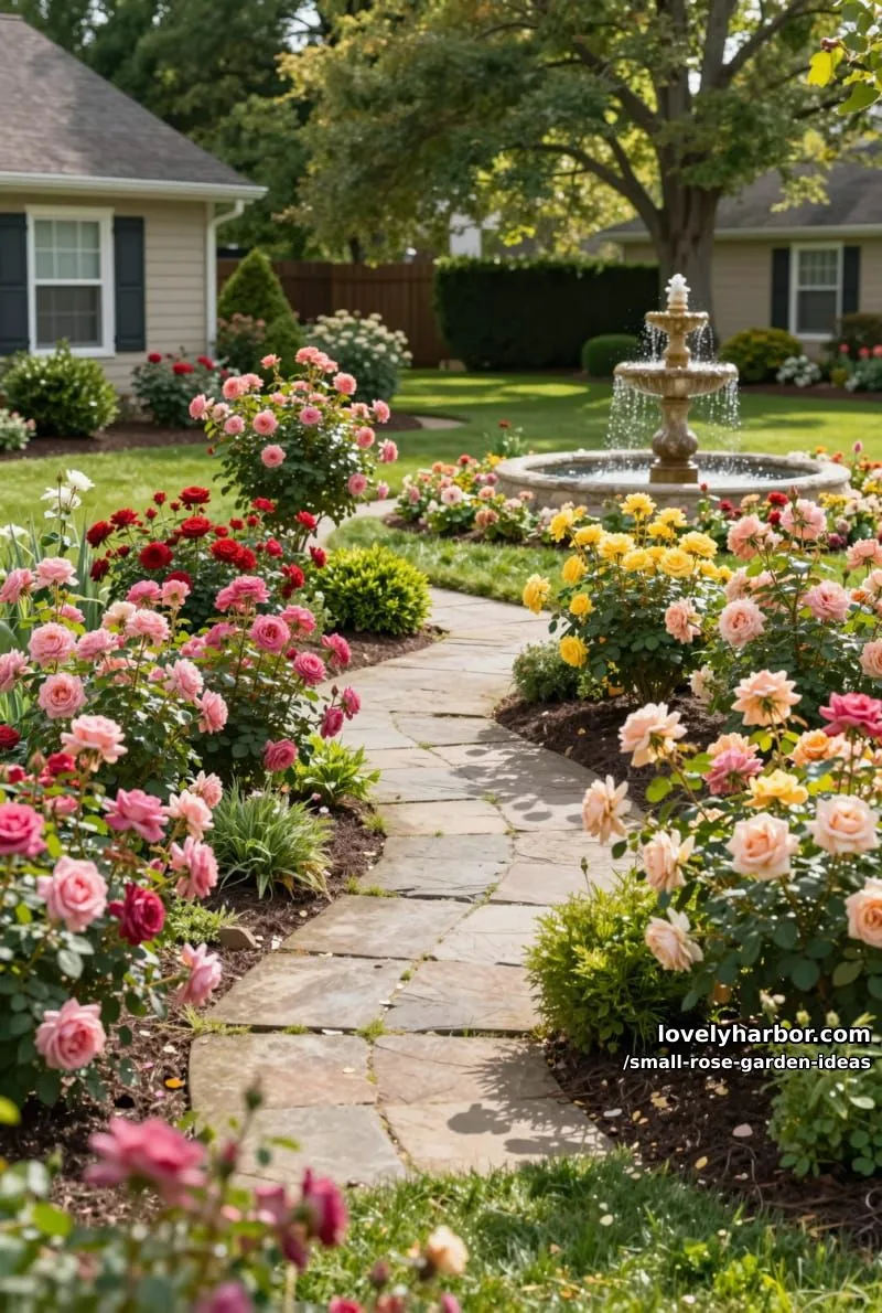 20 Chic Small Rose Garden Ideas for a Refreshing Outdoor Space 8 suburban front yard with vibrant rose bushes lining a stone pathway. 1