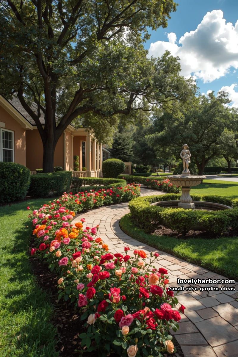 suburban front yard with vibrant rose bushes lining a stone pathway. 1
